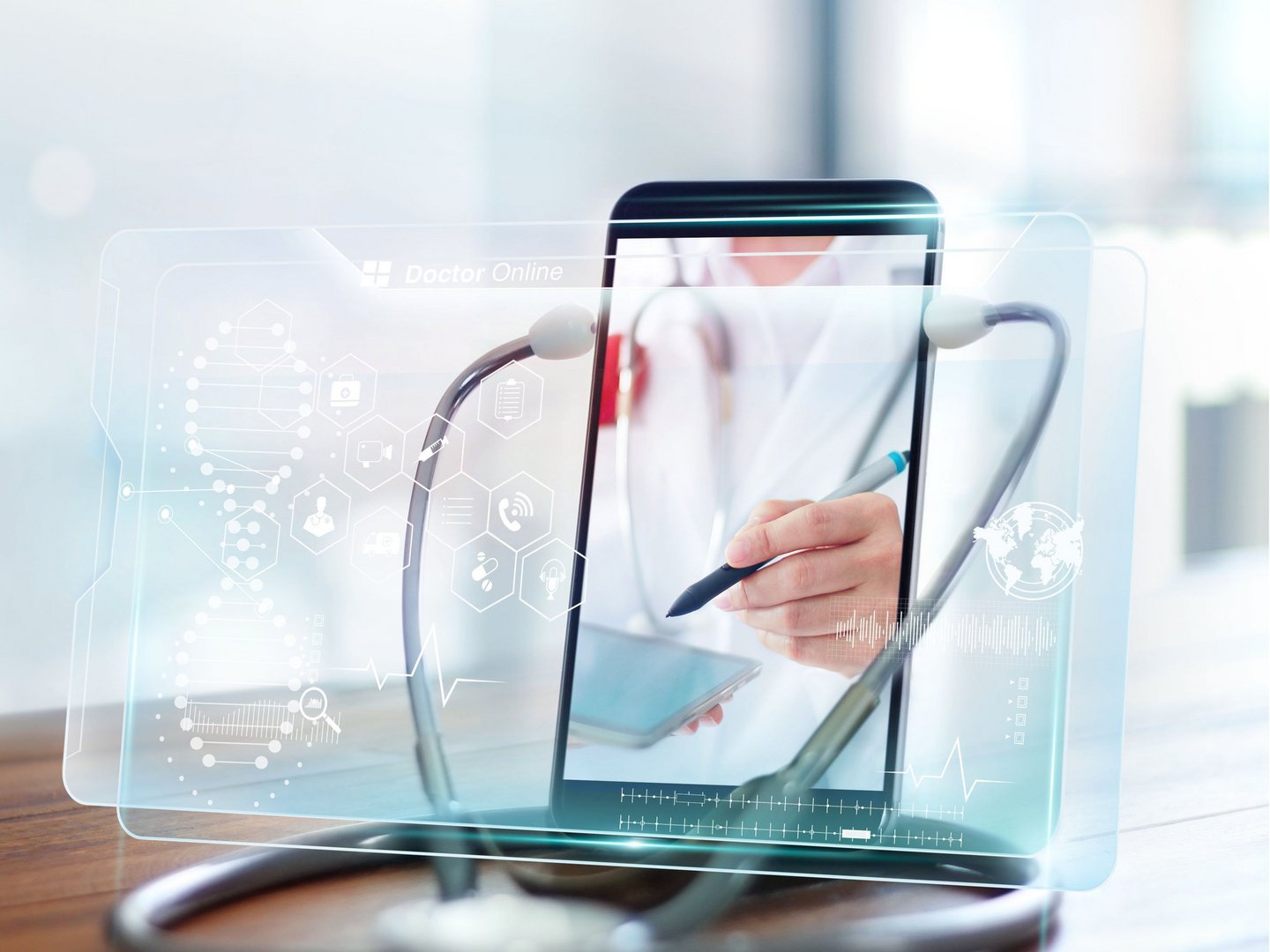 Doctor online, Online medical communication with patient on virtual interface, Online and medical consultation, Virtual hospital, Doctor through the smartphone screen using stethoscope checks and analysis health. Doctor online, Online medical communication with patient on virtual interface, Online and medical consultation, Virtual hospital, Doctor through the smartphone screen using stethoscope checks and analysis health.